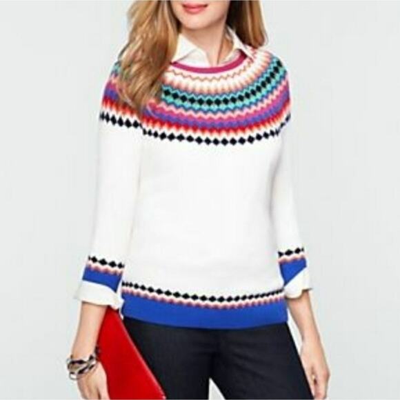 Talbots Womens XL Sweater Cream Fair Isle Pink Blue Wool Nylon 3/4 Sleeve - Picture 3 of 9